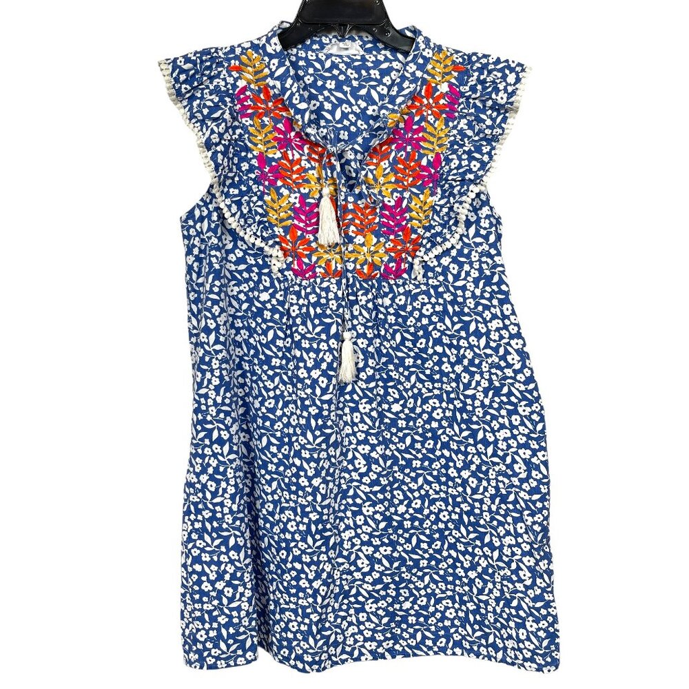 THML Shift Dress Large Blue White Floral Embroidered Tassel Crochet Boho Color - Picture 1 of 9